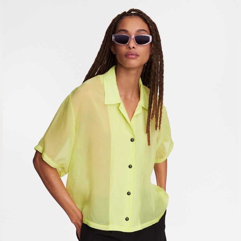 Rag and Bone Sheer Blouse Reed Neon Yellow Button-Up Oversized Lime SZ Medium